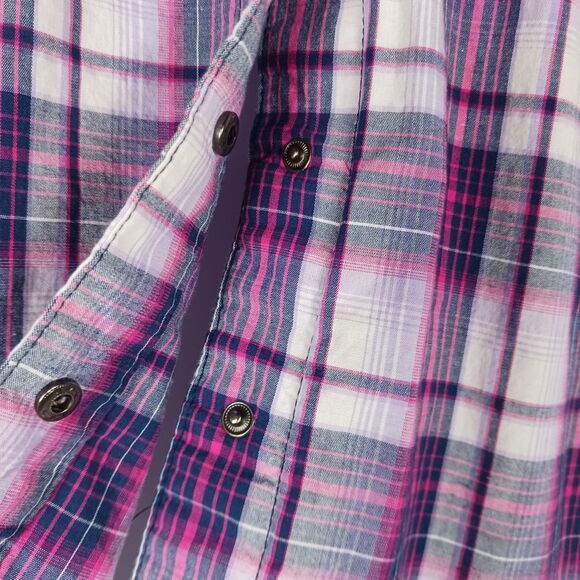 Dakini Plaid Boyfriend Shirt Womens Small Purple Stretch Hidden Pocket Vented - Picture 4 of 14